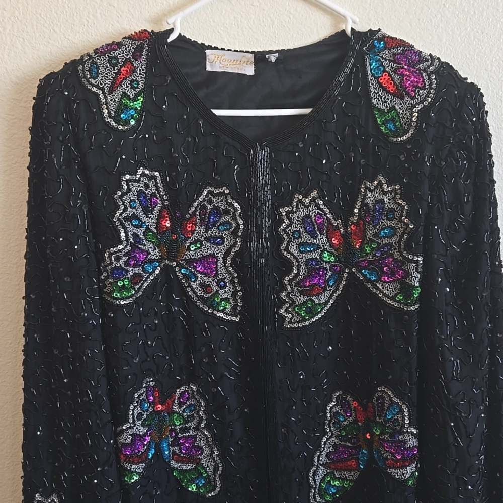 Vtg butterfly sequin silk blazer tunic